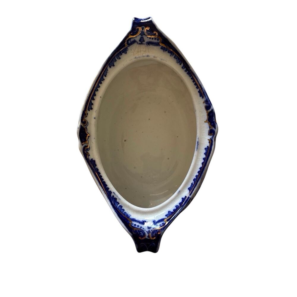 W.H Gridley & Co Blue Serving Bowl Vegetable Dish 2 Handle Antique Victorian - Picture 5 of 9
